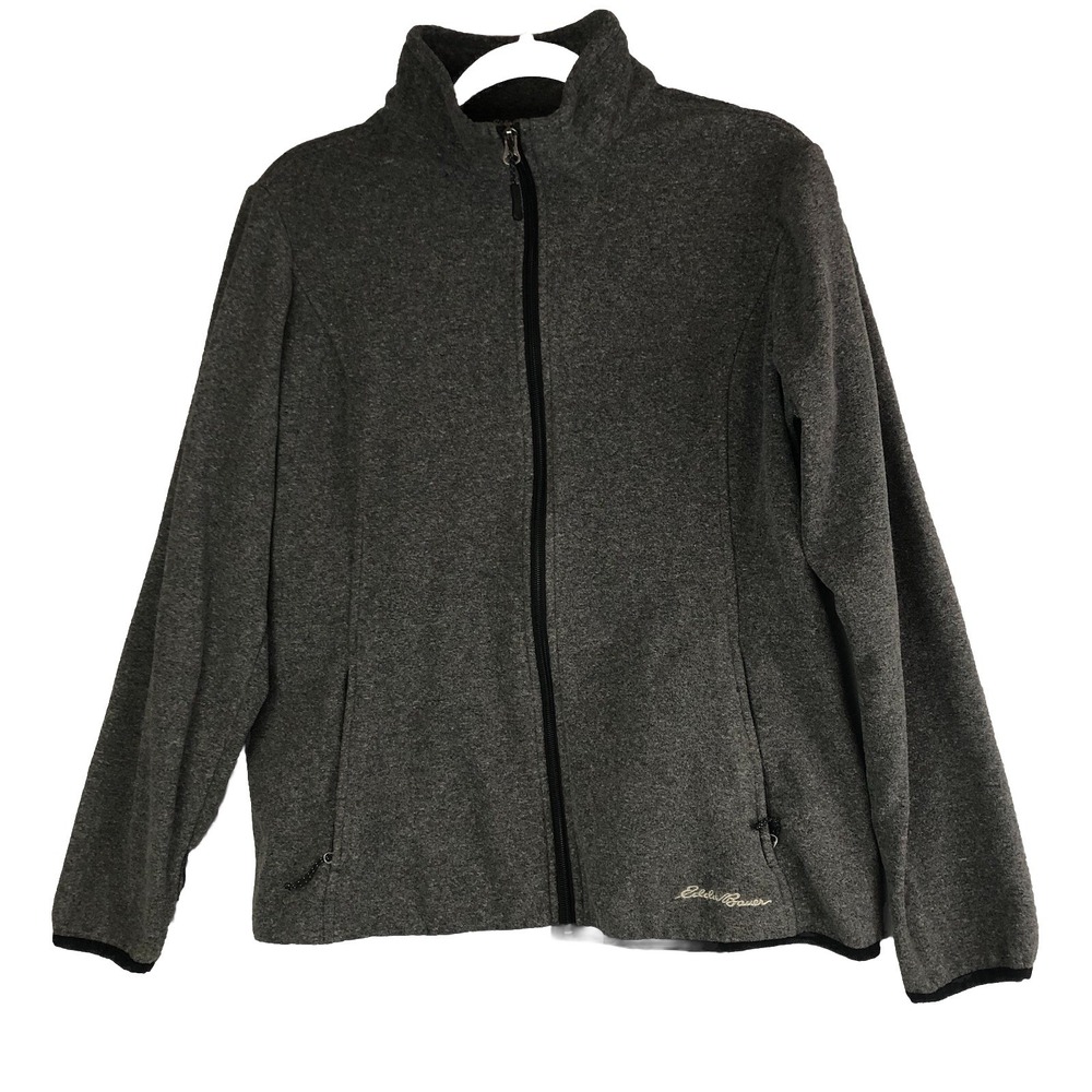 Eddie Bauer Full Zip Fleece Jacket Womens Size Large Gray Pockets Hiking Walking